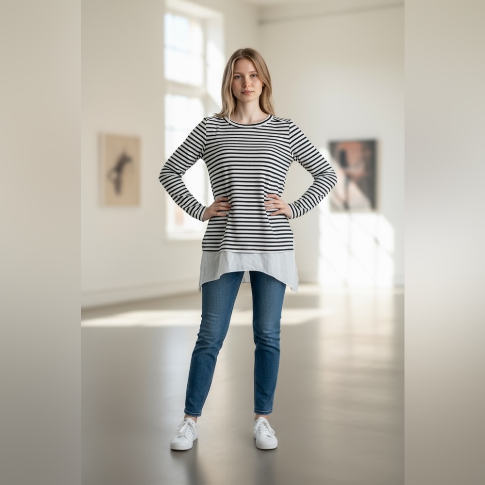 Bar III Black White Striped Long Sleeve Top with Layered Hem – Size M